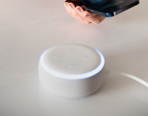 close up woman using virtual assistant